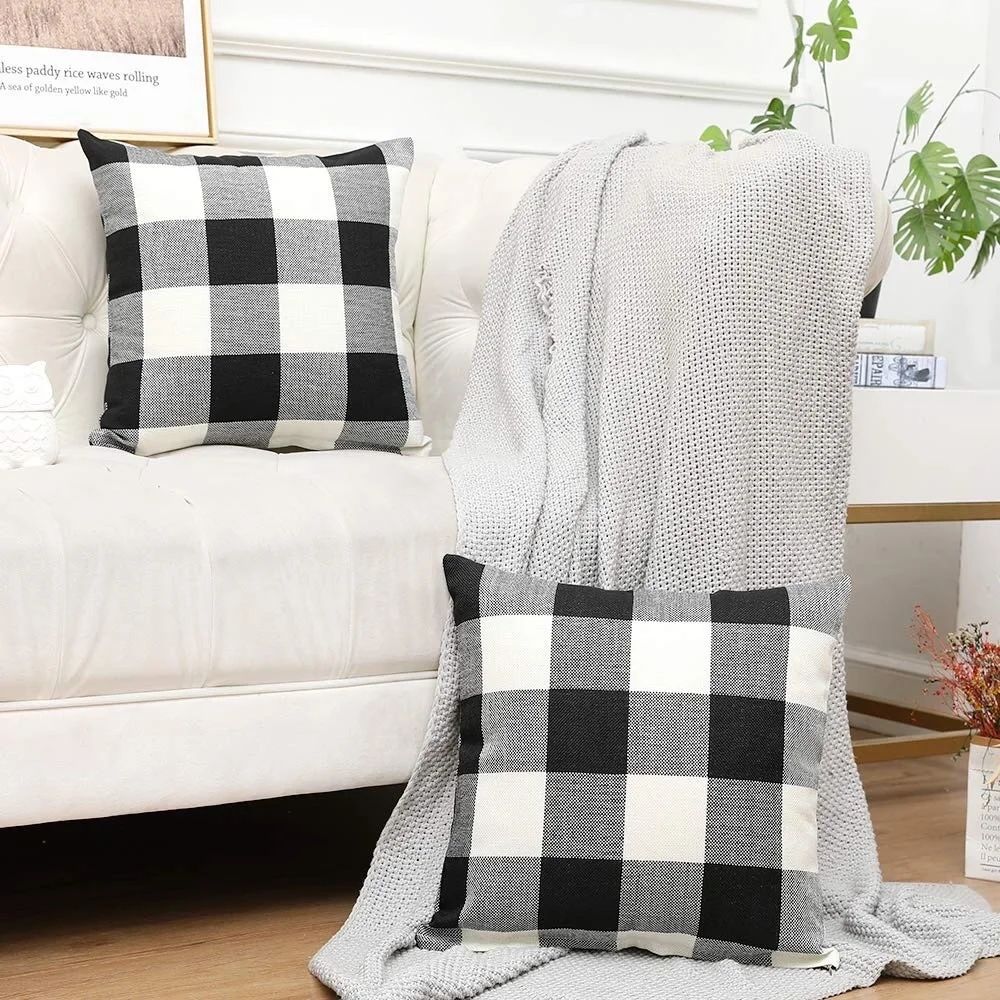 2 Retro Cotton | Linen Farmhouse Decorative Buffalo Check Plaid Throw Covers